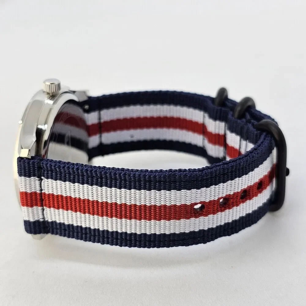 Men's Field Military Watch 42MM Black Dial Blue White Red Canvas Band Straps‎